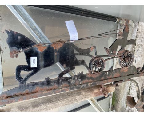 A VINTAGE WALL OUNTED SIGN HANGING BRACKET DEPICITING A A HORSE AND CART