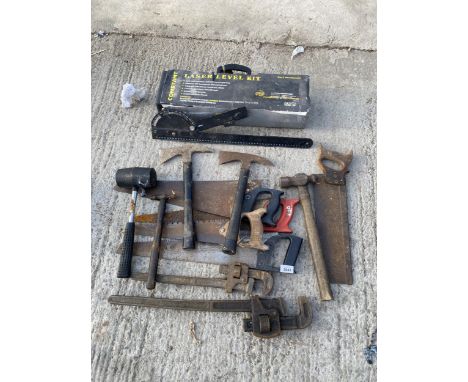 AN ASSORTMENT OF TOOLS TO INCLUDE STILSENS, AXES AND SAWS ETC