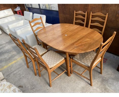 AN ERCOL RETRO BLONDE ELM EXTENDING DINING TABLE, 64" X 42" (LEAF 20") ON TURNED LEGS WITH X FRAME STRETCHERS AND SIX LADDER 