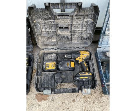 A DEWALT CORDLESS BRUSHLESS DRILL WITH BATTERY AND CHARGER WITH CARRY CASE