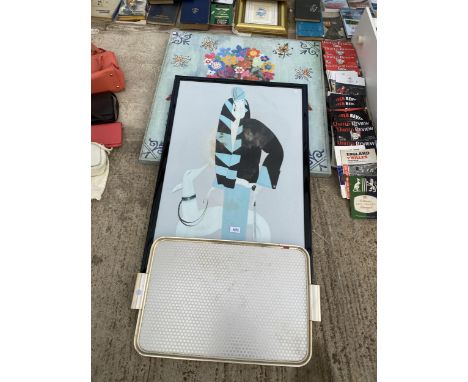 A FRAMED PRINT, A CANVAS PRINT AND A TRAY