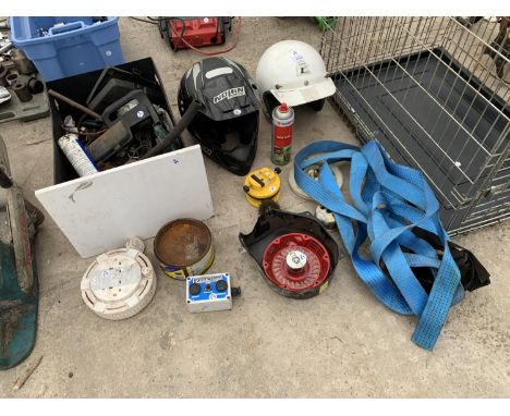 AN ASSORTMENT OF ITEMS TO INCLUDE HELMETS, HAND TOOLS, ETC