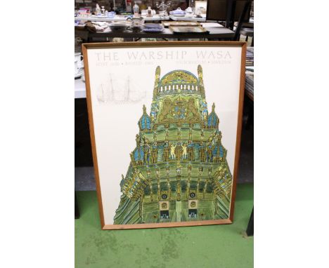 A LARGE FRAMED PRINT ON BOARD 'THE WARSHIP WASA' LOST 1628, RAISED 1961, STOCKHOLM, SWEDEN, 72CM X 95CM