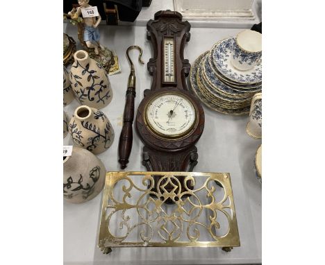 A HANDCARVED WOODEN BANJO BAROMETER, BRASS TEAPOT TRIVET, ETC.,