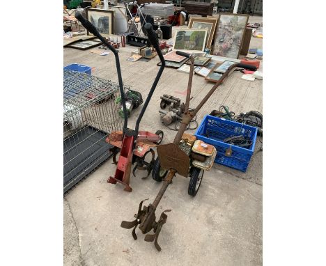 TWO ROTAVATORS TWO INCLUDE A PETROL BEAVER ROTAVATOR AND A MANUAL PUSH ROTAVATOR