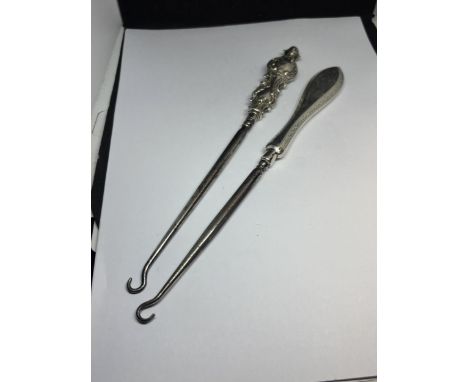 TWO HALLMARKED SILVER HANDLED BUTTON HOOKS