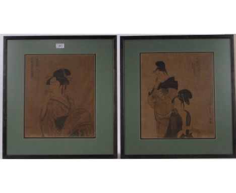 Japanese School,3 prints on silk, Geisha studies with text inscriptions, 15" x 12.5", framed, (4).