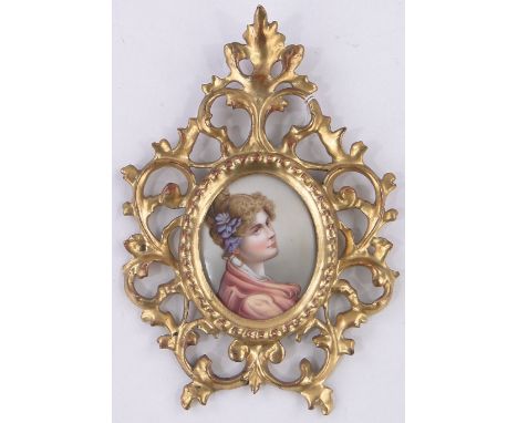 19th century painting on porcelain, head and shoulders portrait of a young woman, unsigned, 3" x 2.5", in original ornate car