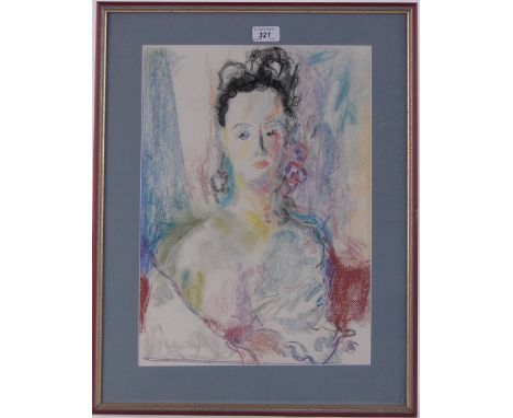 Russian School,coloured pastels, portrait of a woman, unsigned, 18" x 12.5", framed, together with other drawings and prints.
