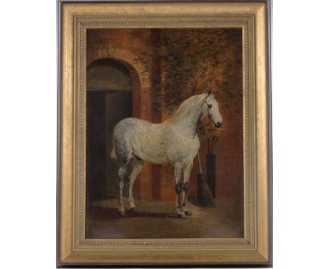 Alfred Frank de Prades (1840-1895),oil on board, portrait of a grey horse outside a stable, signed, 24" x 18", framed.