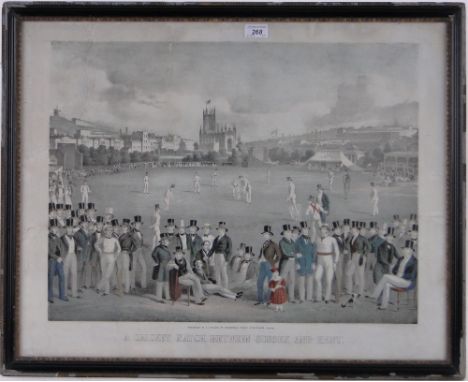 2 Sporting prints, comprising a coloured engraving, cricket match between Sussex and Kent and a coloured boxing engraving pub