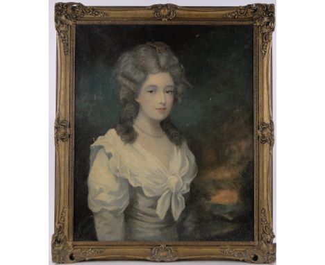 Follower of Thomas Gainsborough,18/19th century oil on canvas, half length portrait of a lady, unsigned, 31" x 26", framed.
