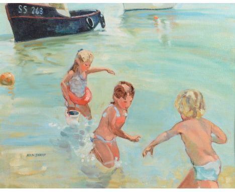 ANN SHARP Children playing in the St Ives Harbour Oil on board Signed 39 x 49cm