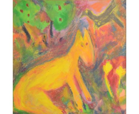 LOUISE McCLARY Yellow Dog Penlee Mixed media Signed Title label on the back 31 x 31 cm