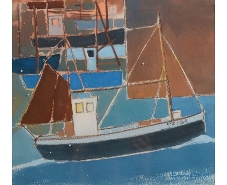 BARRIE BRAY PZ 34 Newlyn Leaving Harbour at First Light Gouache Signed Further signed and inscribed to the back 22.5 x 25cm T