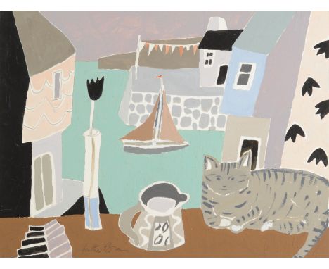 HEATHER BRAY Harbour Cat Gouache Signed 30 x 40cm The Bray family have long been influential in arts in Cornwall, having open