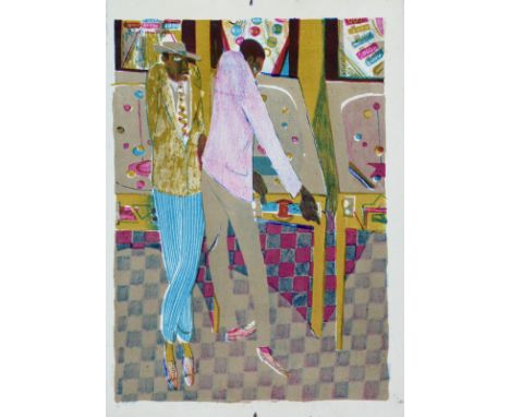 RICHARD PLATTCaribbeans Playing Pin-Ball circa 1950Three colour lithograph Signed and inscribed by the artists widow Diane Pl