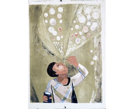 RICHARD PLATTBlowing Bubbles circa 1951Three colour lithograph Signed and inscribed by the artists widow Diane Platt Paper si