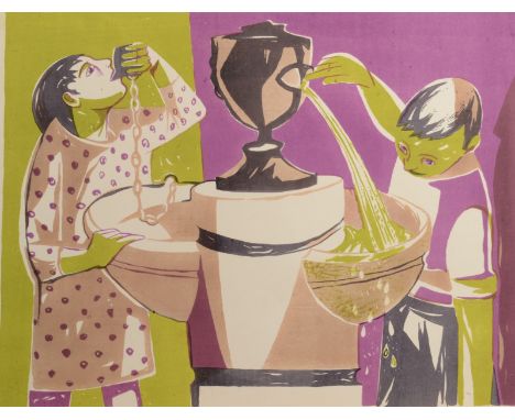 RICHARD PLATT Water Fountain and Children circa 1950 Three colour lithograph Signed and inscribed by the artists widow Diane 