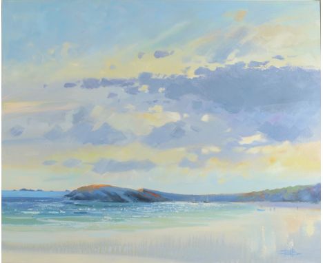 BARRIE BRAY Late Afternoon Light Samson Hill Bryher from Green Bay Oil on canvas Monogrammed Inscribed to the back 66 x 80cm 