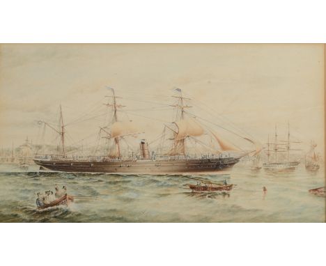 A ship portrait and busy waterway Greenock Watercolour Initialled JMJ? and dated (18)70 27 x 49cm The three masted iron steam
