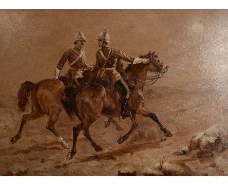 British Army officers approaching camp Oil on board Monogrammed SK and dated 1885 47 x 65cm
