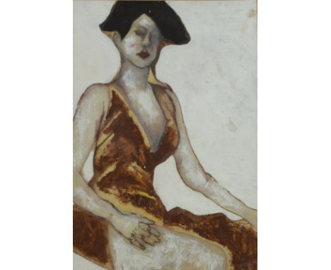 BEN CARRAVICK Seated woman Mixed media Signed artist's label to the back 23 x 16cm