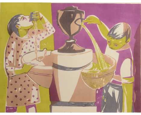RICHARD PLATT Water Fountain and Children circa 1950 Three colour lithograph Signed and inscribed by the artists widow Diane 