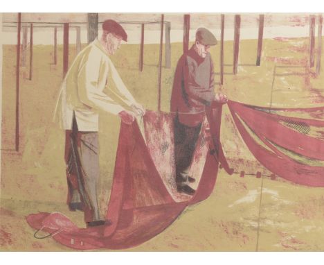 RICHARD PLATT Mending Nets circa 1953 Three colour lithograph Signed and inscribed by the artists widow Diane Platt Paper siz