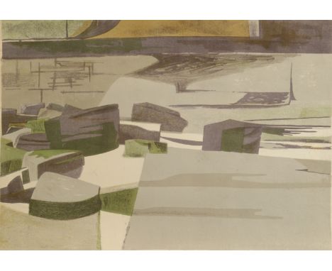 RICHARD PLATT Rocks circa 1955 Three colour lithograph Signed and inscribed by the artists widow Diane Platt Paper size 38 x 