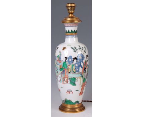 A 19th CENTURY CHINESE FAMILLE VERT VASE of ovoid tapering form, the body decorated with female figures, later converted to a