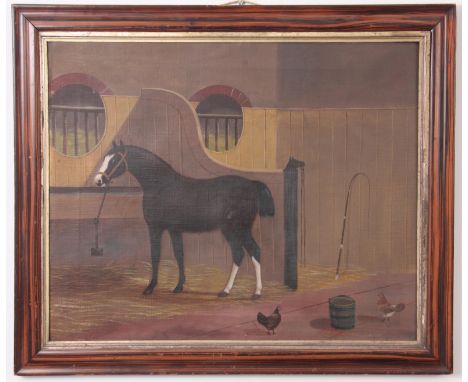 A 19TH CENTURY OIL ON CANVAS portrait of a horse in stable setting - simulated Rosewood frame 57cm high 70cm wide. 