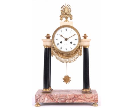 AN EARLY 19TH CENTURY FRENCH MARBLE AND ORMOLU PORTICO MANTEL CLOCK the white marble pediment supported on four black marble 