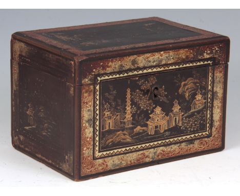 AN EARLY 19TH CENTURY CHINESE LACQUERED TEA CADDY having a chinoiserie gilt exterior with hinged lid opening to reveal two pe