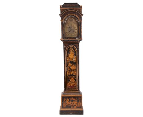 WINDMILLS LONDON AN EARLY 18TH CENTURY BLACK LACQUER AND CHINOISERIE DECORATED LONGCASE CLOCK OF MONTH DURATION the 12" arche