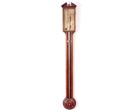 A POZZOBY  LONDON  A LATE 18TH CENTURY BOXWOOD AND EBONY INLAID MAHOGANY STICK BAROMETER with architectural pediment above a 