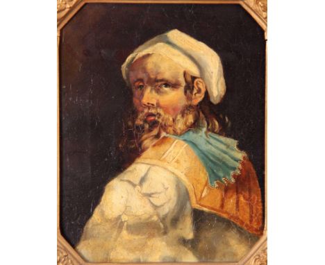 AN 18TH/19TH CENTURY OIL ON ARTIST BOARD PORTRAIT OF A YOUNG MAN in the style of Rembrandt - mounted in a gilt frame 29cm hig