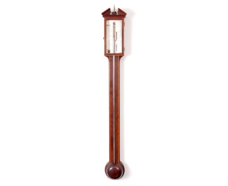 A PINCHETTI &amp; CO, LONDON  A LATE 18TH CENTURY BOXWOOD INLAID MAHOGANY STICK BAROMETER with architectural pediment above a