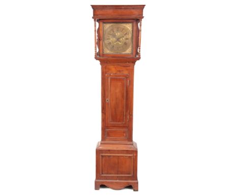 A MID 18TH CENTURY 30 HOUR LONGCASE CLOCK the pine case with panelled door and turned columns enclosing a 12" square brass di