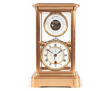 A RARE LATE 19TH CENTURY FRENCH 400 DAY CLOCK BAROMETER WITH ROCKING GOVERNOR STYLE PENDULUM the gorge style gilt brass case 