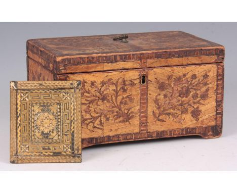 A GEORGE III STRAW WORK TEA CADDY the stained straw veneer having a chequer banded border and marquetry floral panels, the hi