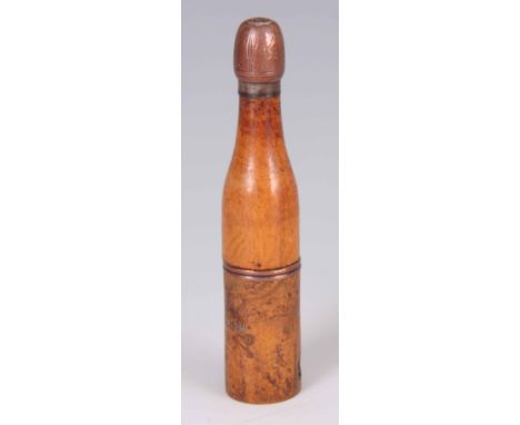 A VICTORIAN EROTIC NOVELTY TREEN PIPE SHAPED AS A BOTTLE BY STAN HOPE breaking down to form a pipe and fitted with a nude pic