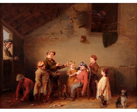EDMUND BRISTOW 1787 - 1876 OIL ON PANEL Stable scene of children dressing Guy Fawkes 29.5cm high 37.5cm wide - signed, in gil