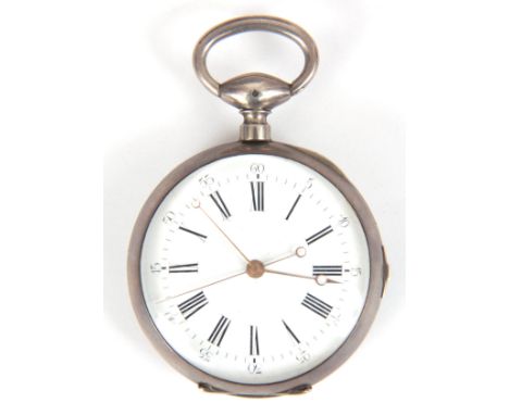 A 19th CENTURY SILVER OPEN FACED POCKET WATCH WITH STOPWATCH the case having engraved back enclosing a porcelain dial with Ro
