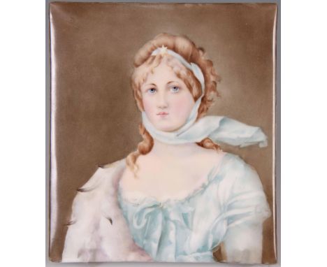 A LATE 19TH CENTURY KPM PORCELAIN PAINTED PLAQUE PORTRAIT OF A YOUNG LADY wearing a blue dress 19cm high 17cm wide.