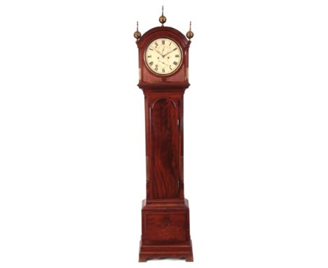 J. TURNER LONDON   A REGENCY FIGURED MAHOGANY DOMESTIC REGULATOR LONGCASE CLOCK having a break arch hood with canted corners 