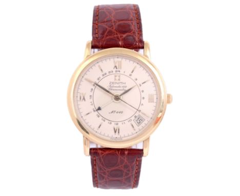 A RARE GENTLEMAN'S 18K GOLD ZENITH AUTOMATIC 672 CHRONOMETRE GMT LIMITED EDITION WRIST WATCH on original crocodile leather st