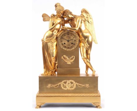 A LARGE 19TH CENTURY FRENCH ORMOLU FIGURAL MANTEL CLOCK modelled as Eros and Psyche standing on plinth base supported on four
