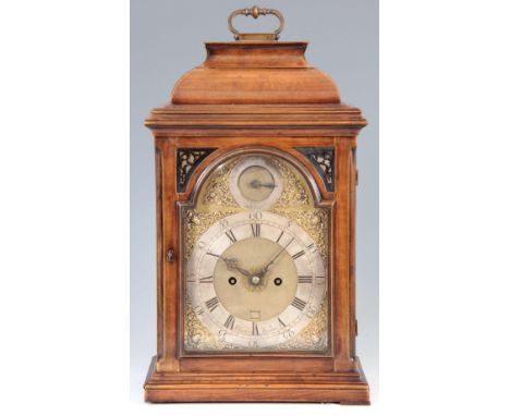 CHATER  LONDON  AN EARLY GEORGE III FRUITWOOD BRACKET CLOCK the case having an inverted bell top above a glazed moulded door 