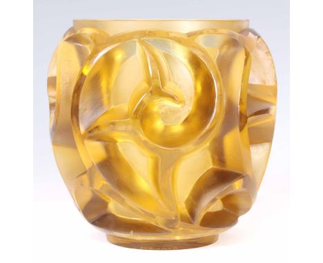 RENÉ LALIQUE. A RARE 'TOURBILLONS' AMBER GLASS VASE the body having polished and frosted design of stylized scrolling thorns,